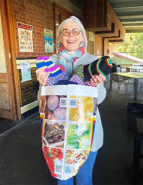 Volunteer Mary—with donated beanies